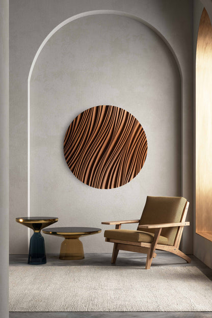 Round iroko ‘erosion’ panel brightening a minimalist dining corner, bridging scandi interior calm and geometry art influences.