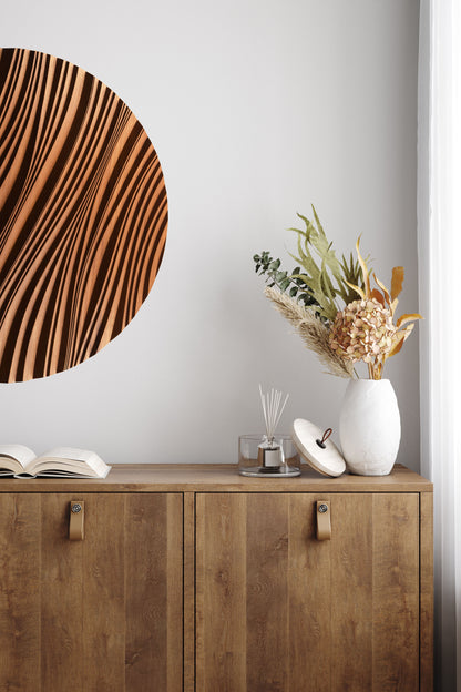 Bathe in style with a carved iroko circle featuring an erosion motif, uniting bathroom design refinement and interior decoration flair.
