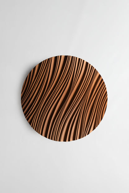 Close focus on swirling erosion ridges in iroko, echoing 3d wall panels style with subtle geometric design in each carved wave.