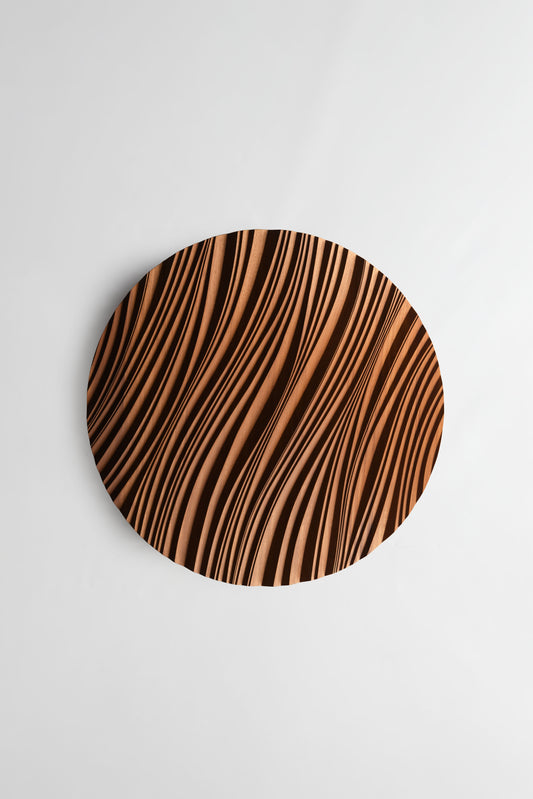 Close focus on swirling erosion ridges in iroko, echoing 3d wall panels style with subtle geometric design in each carved wave.