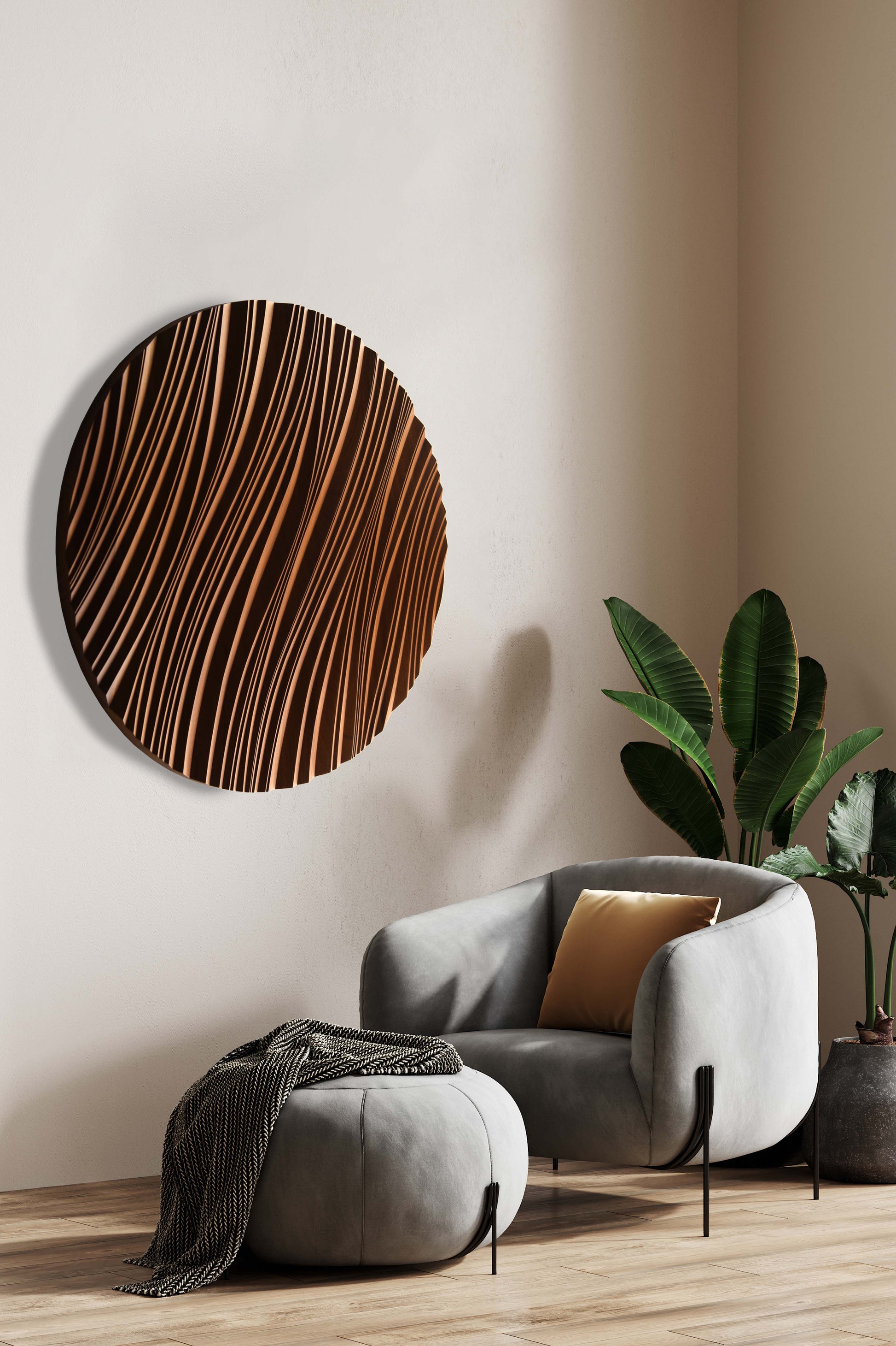 A loft living space showcasing a carved erosion circle in iroko, ideal among wooden wall panels and a sought-after new home gift ideas option.