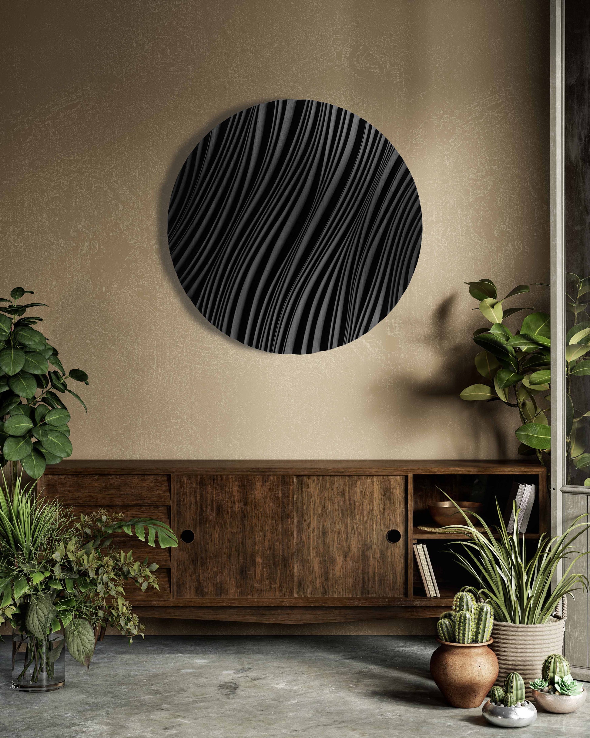 A loft living space showcasing a carved erosion circle in iroko, ideal among wooden wall panels and a sought-after new home gift ideas option.