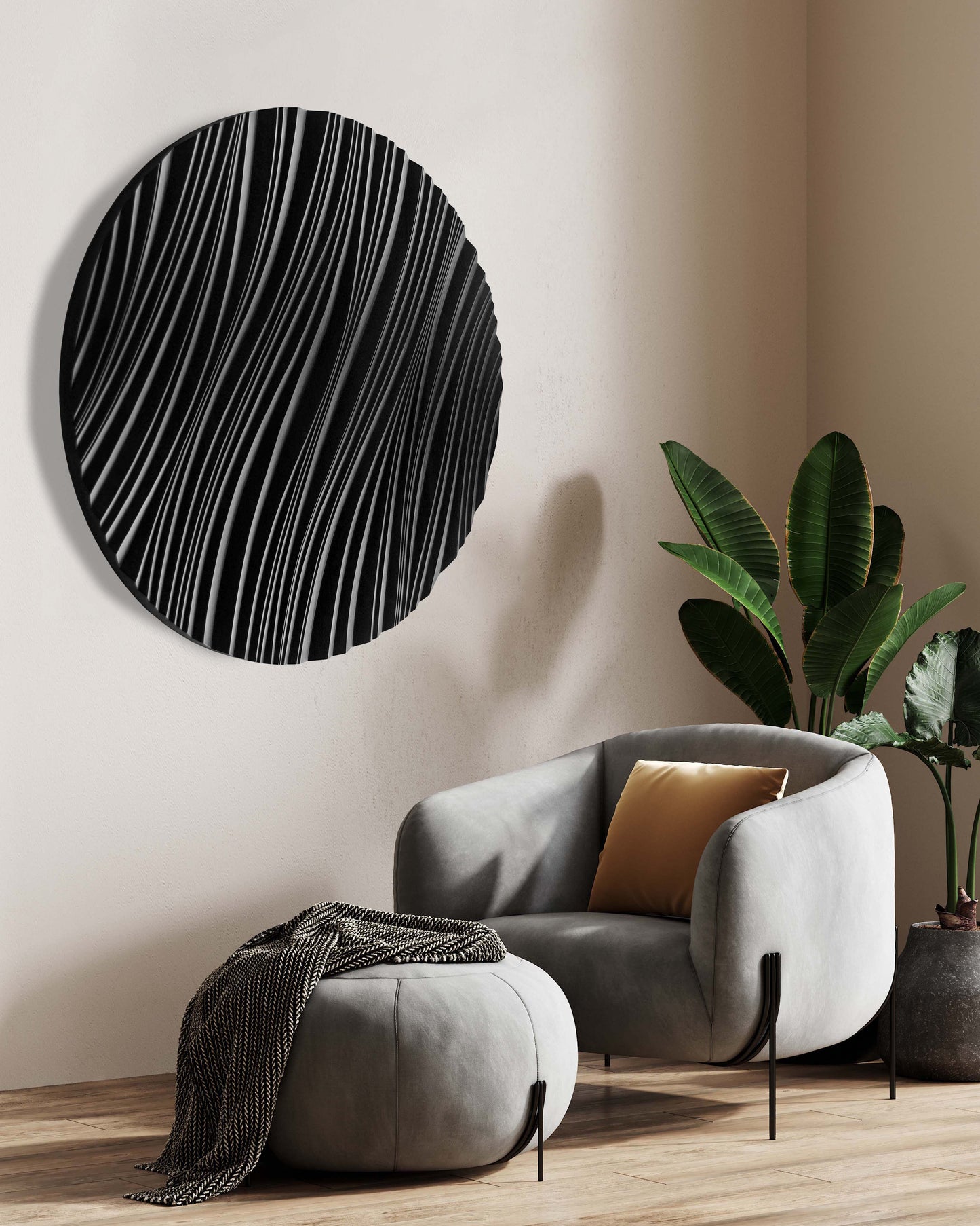 An iroko circle with erosion grooves set on a wood accent wall, perfect for geometric design synergy in a comfortable lounge.