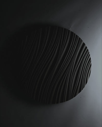 Close focus on swirling erosion ridges in iroko, echoing 3d wall panels style with subtle geometric design in each carved wave.
