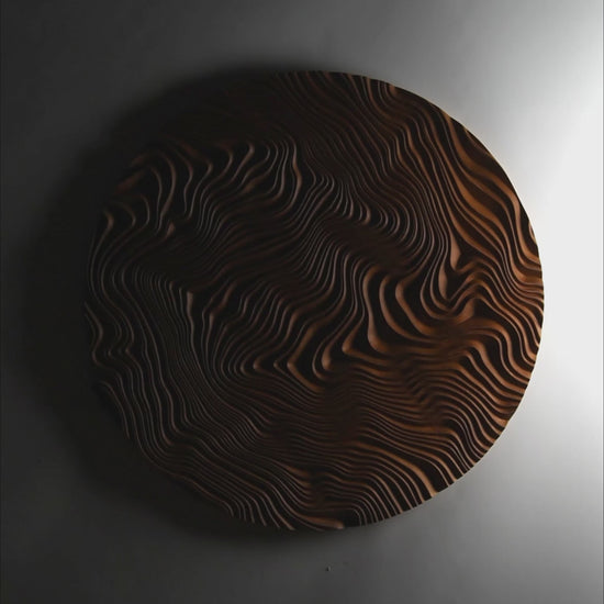 Close-up of canyon-like valleys on the Iroko surface, highlighting wooden wall panels craftsmanship and sophisticated bathroom design appeal.
