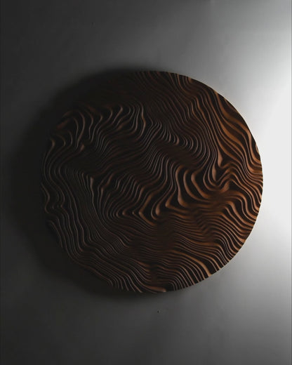 Close-up of canyon-like valleys on the Iroko surface, highlighting wooden wall panels craftsmanship and sophisticated bathroom design appeal.
