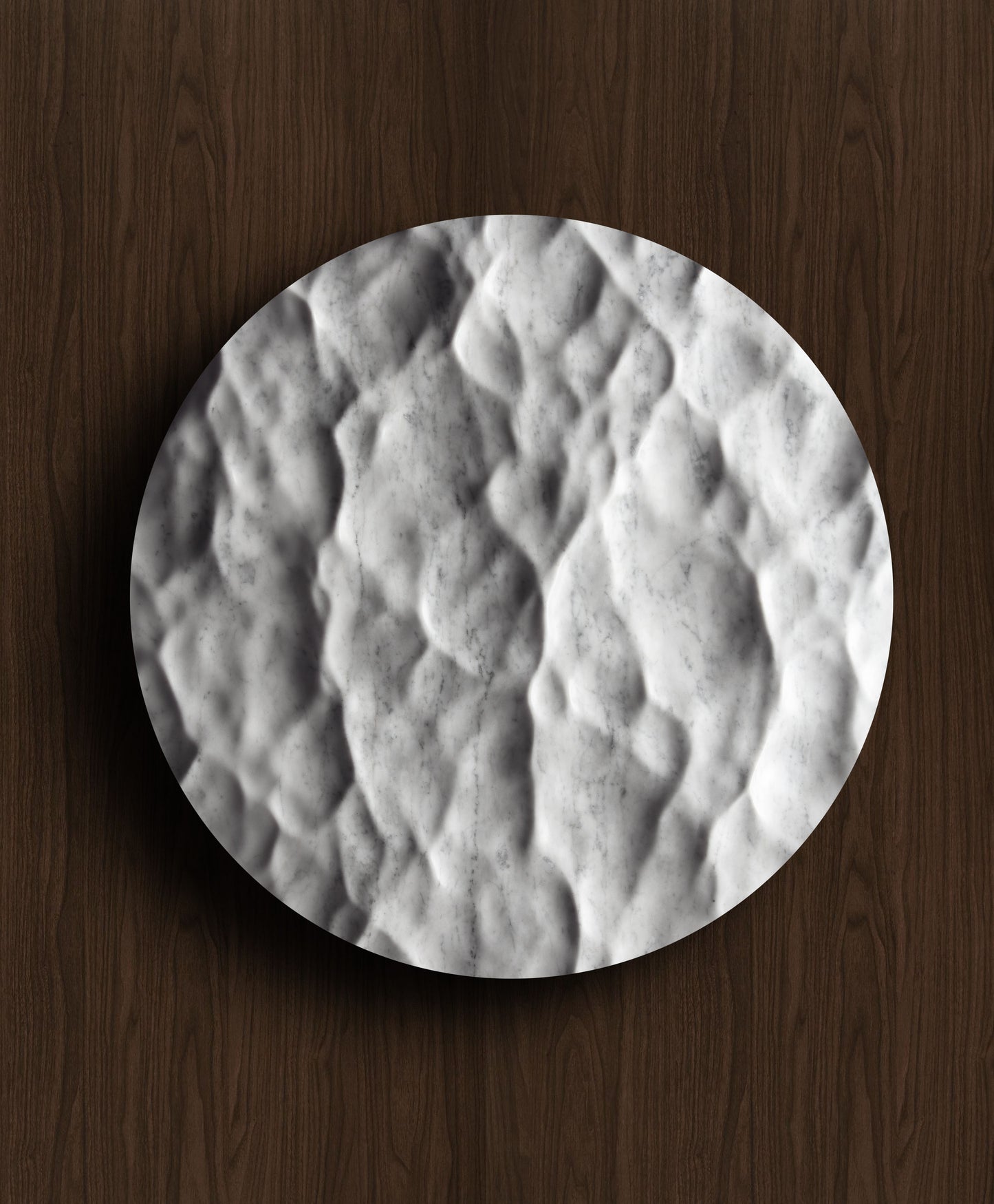 Round Liquid Marble Carrara wall sculpture displayed on a warm walnut background with fluid relief and natural veining