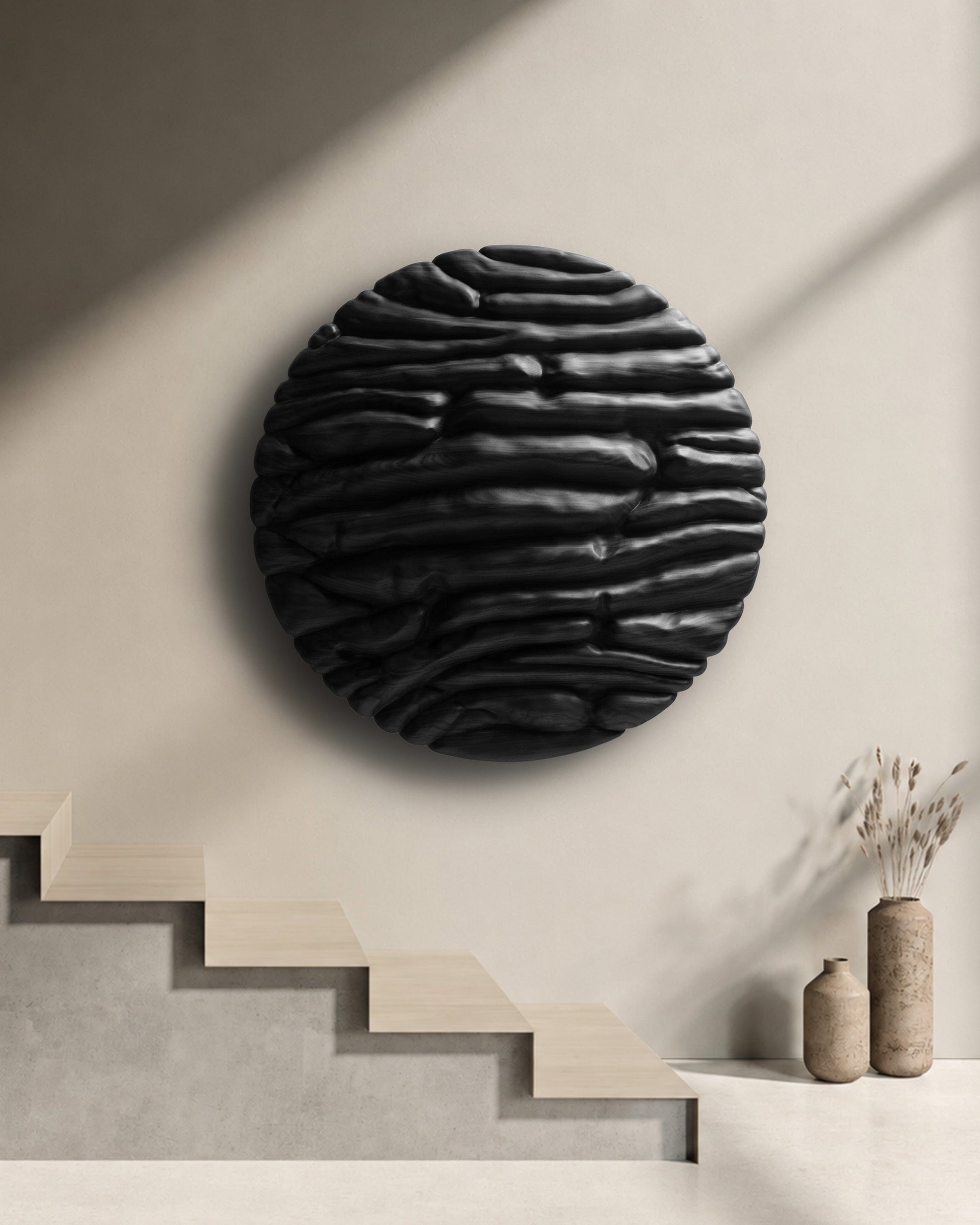 Strata Black installed above a minimal staircase in a warm contemporary interior