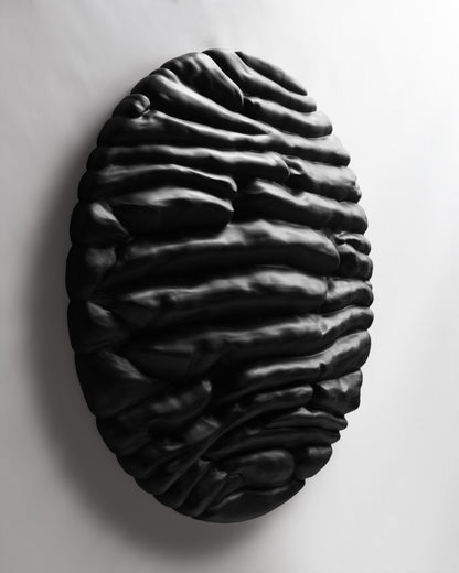 Angled view of the round black wall sculpture with layered organic forms and deep shadows