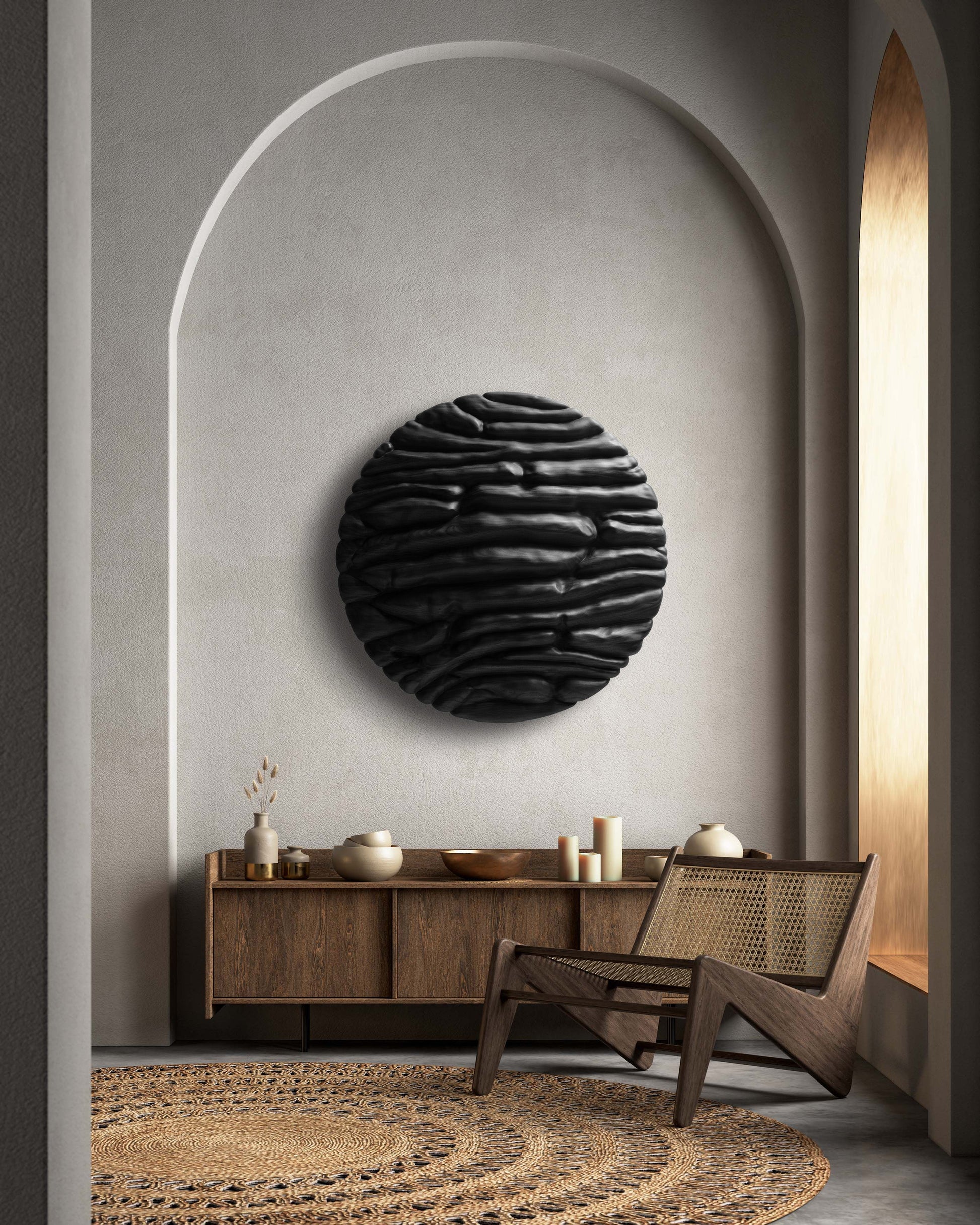 Strata Black displayed in a minimal arched interior above a dark wood sideboard