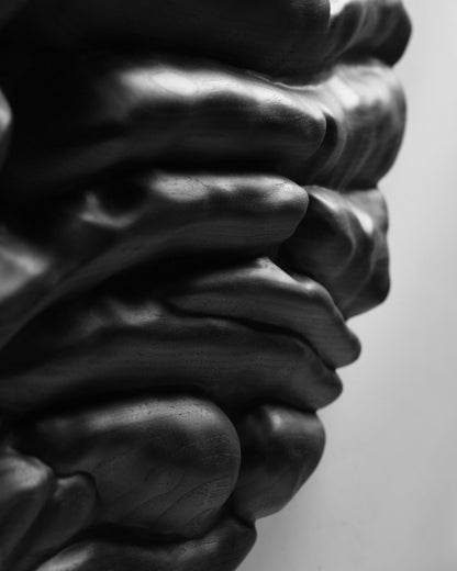 Lateral close view of the deep black sculptural relief and its irregular overlapping forms