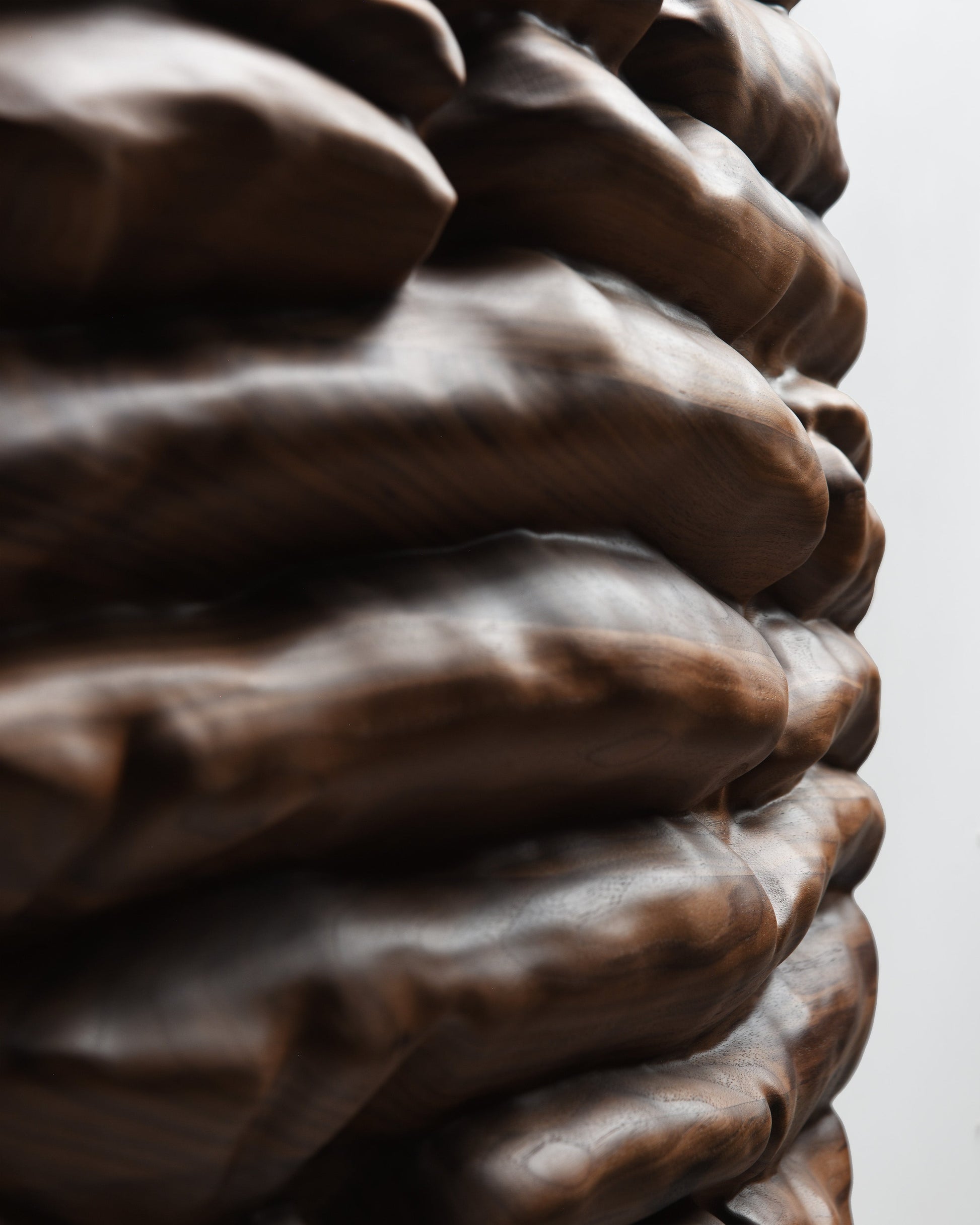 Macro detail of overlapping walnut volumes and deep shadows along the side of the sculpture