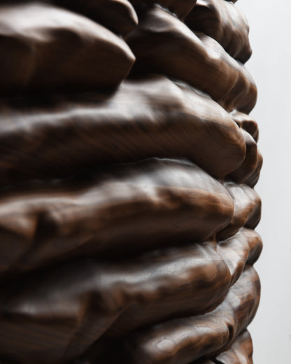 Macro detail of overlapping walnut volumes and deep shadows along the side of the sculpture