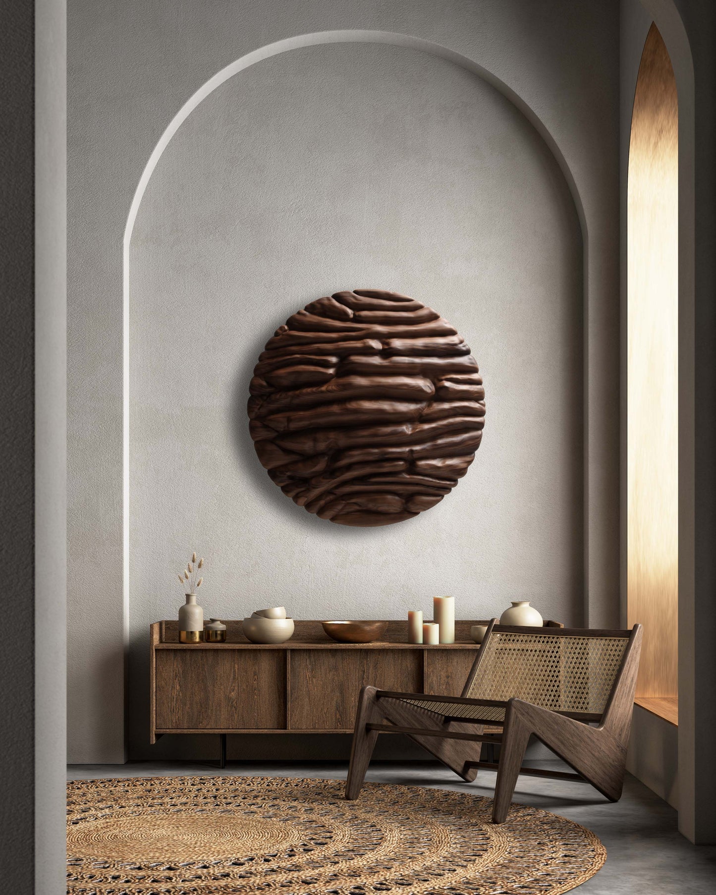 Strata walnut wall sculpture displayed in an arched interior above a dark wood sideboard