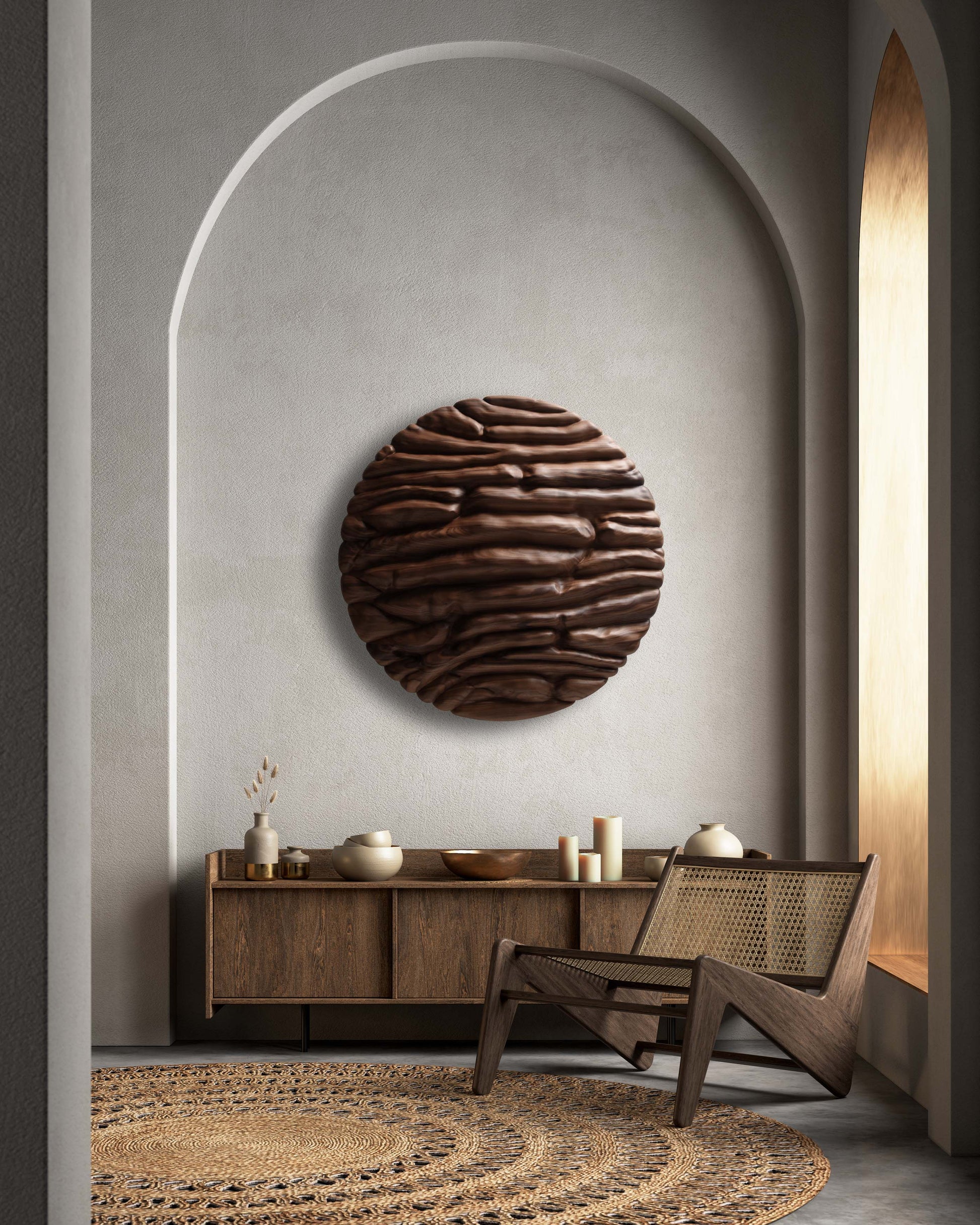 Strata walnut wall sculpture displayed in an arched interior above a dark wood sideboard