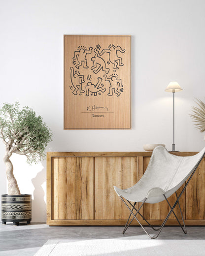 The Dancers Keith Haring oak and black panel in living room, full wall view