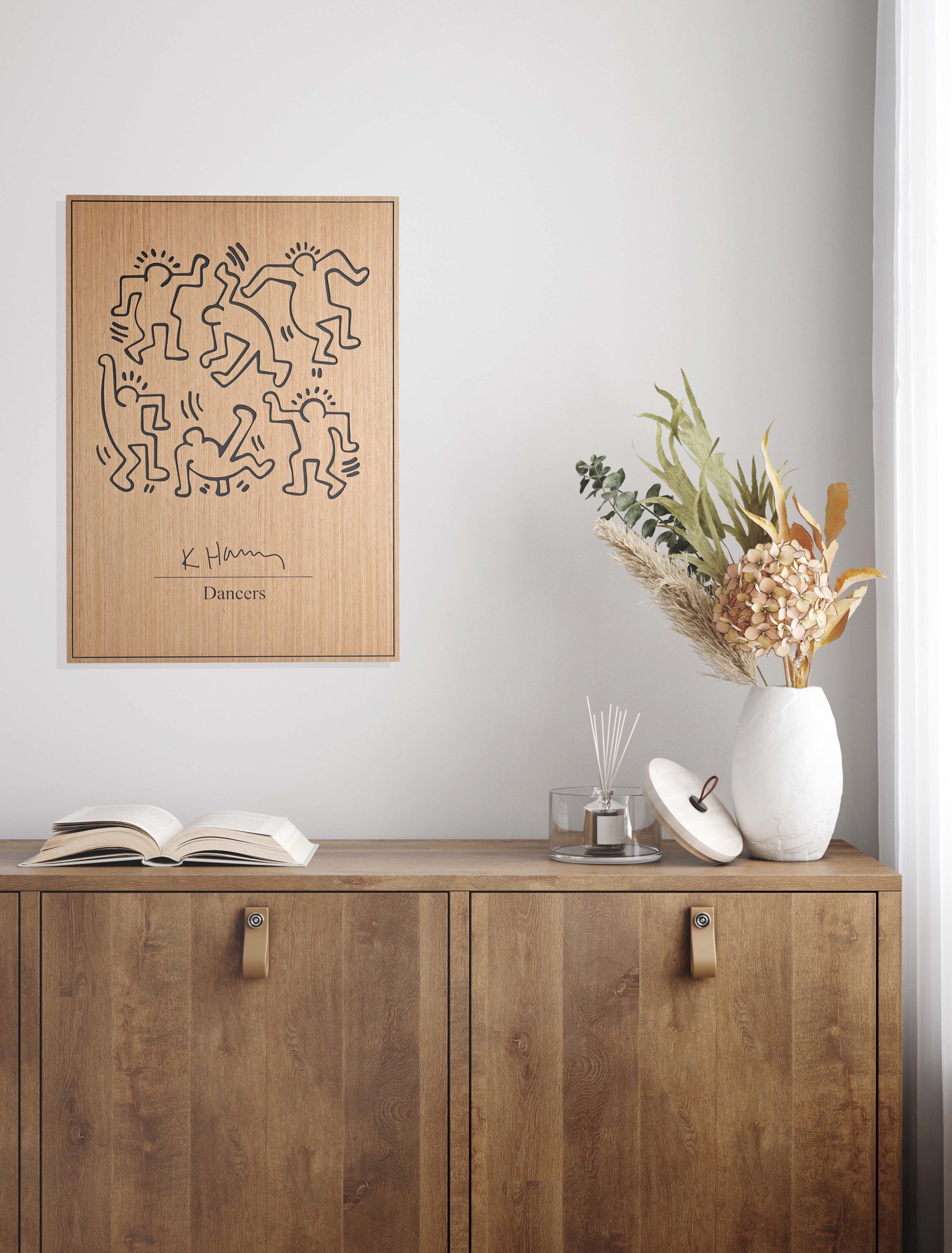 The Dancers Keith Haring panel above sideboard, oak and black wall decor