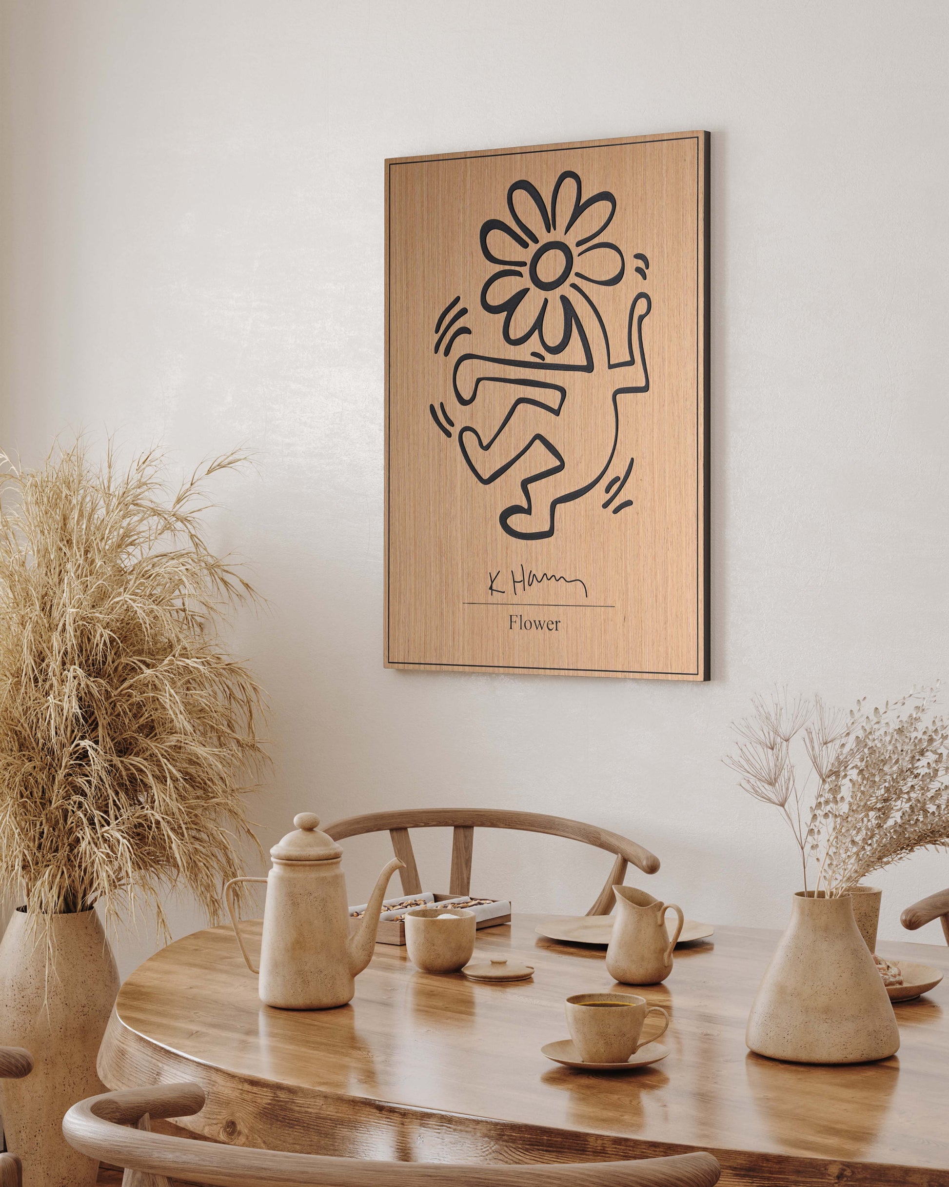 The Flower Keith Haring panel in dining area, oak and black carved relief