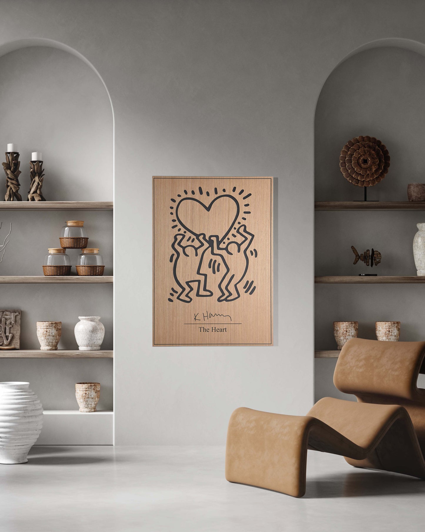 The Heart Keith Haring panel in bathroom, oak and black relief on white tiles