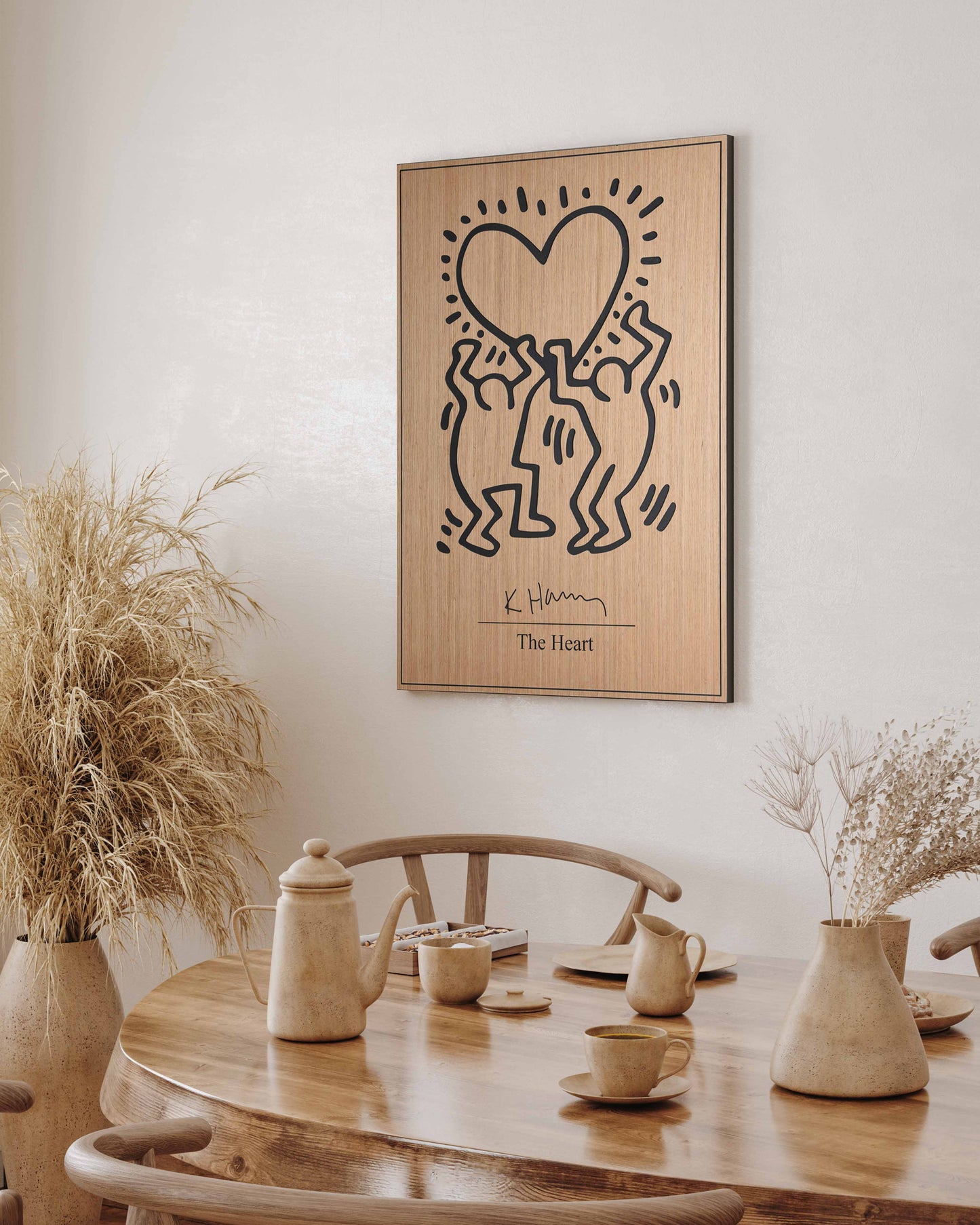 The Heart Keith Haring oak and black panel in dining nook, styled interior view