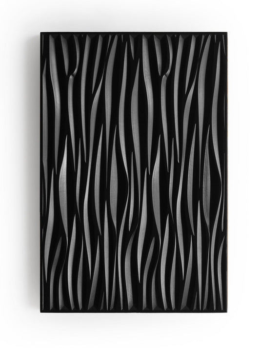 The Illusionist black Valchromat wall sculpture, front view of the carved linear relief