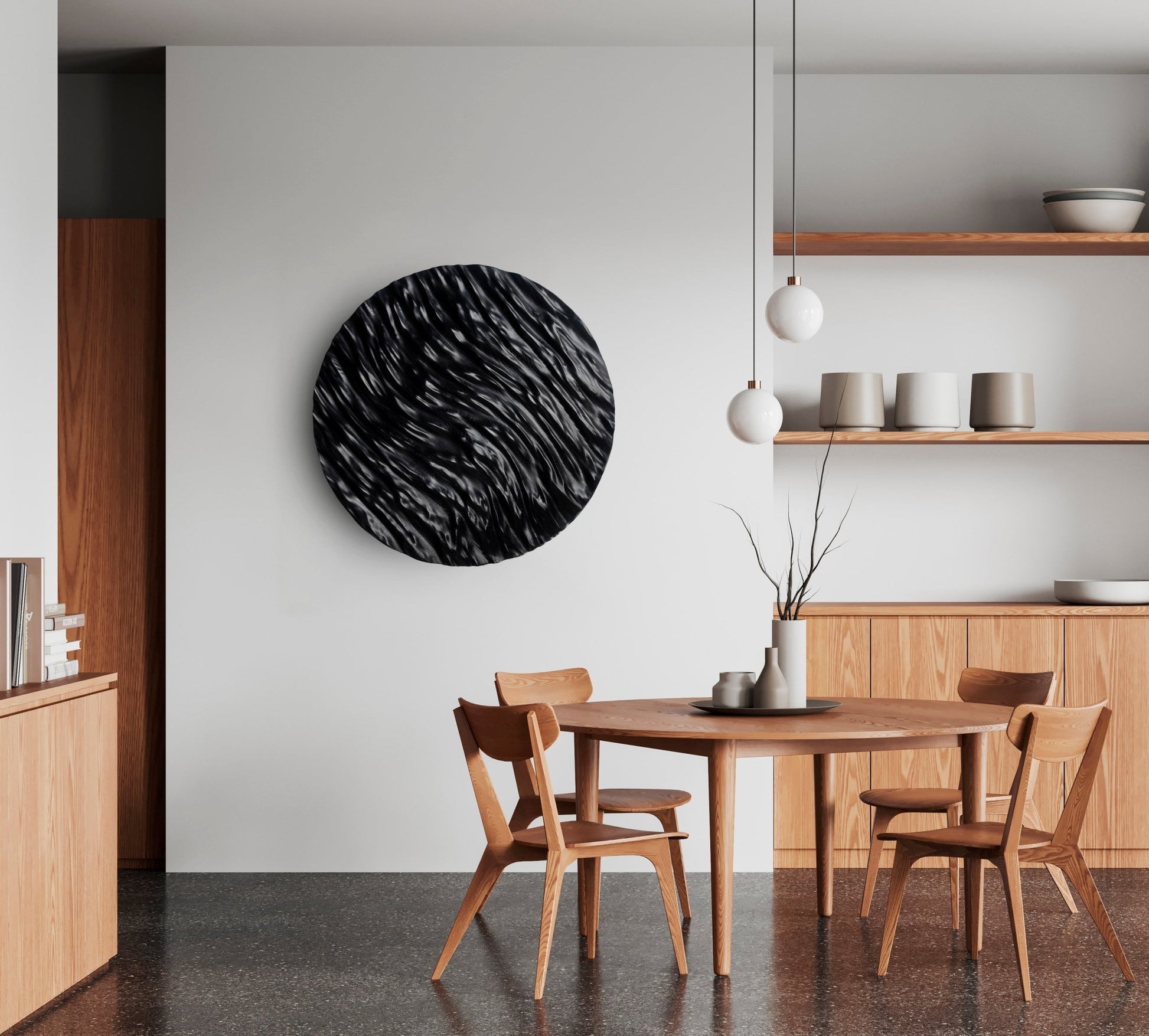 Sleek ocean-wave carving on a circular black panel, complementing a modern bathroom design and offering subtle geometry art flair.