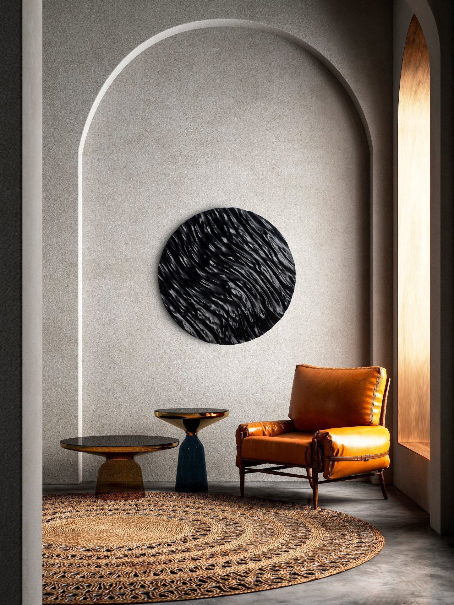 Circular black ocean-themed panel serving as big wall decor in a cozy living room, blending geometry art with soft neutral tones.