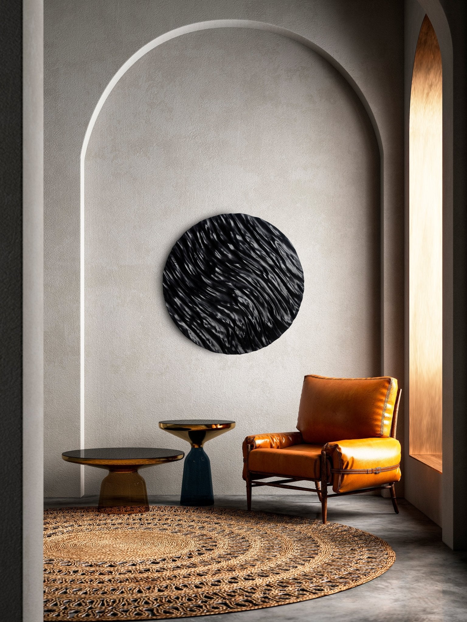 Circular black ocean-themed panel serving as big wall decor in a cozy living room, blending geometry art with soft neutral tones.