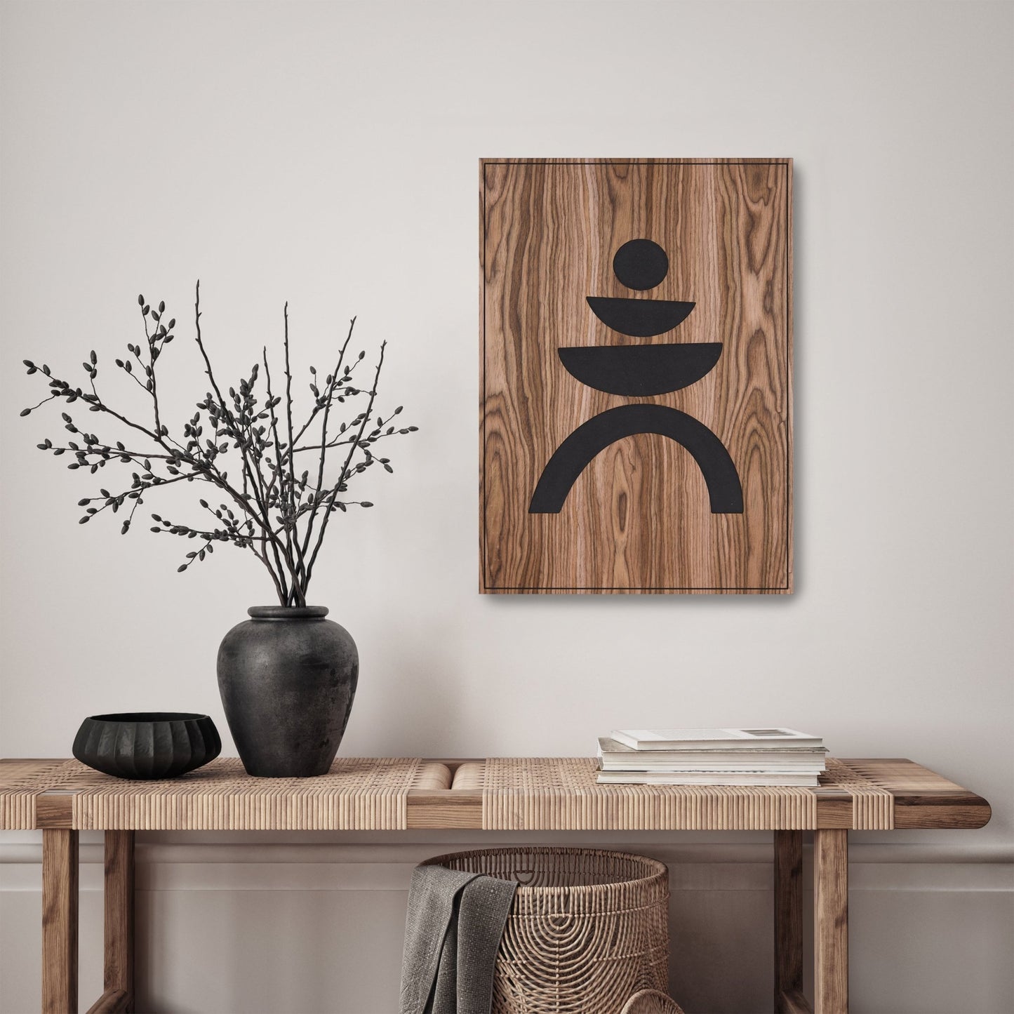 Walnut Totems Balance wall panel above console table, styled interior view