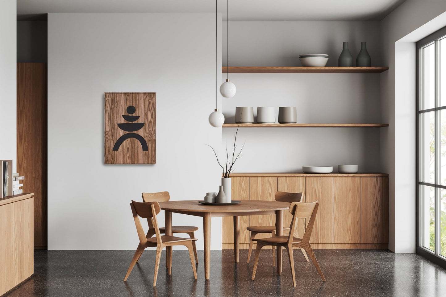 Walnut Totems Balance panel in dining room, full interior view