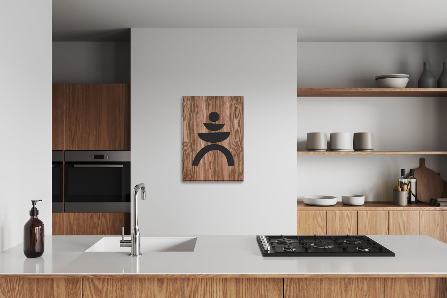 Walnut Totems Balance panel installed in modern kitchen, full wall view