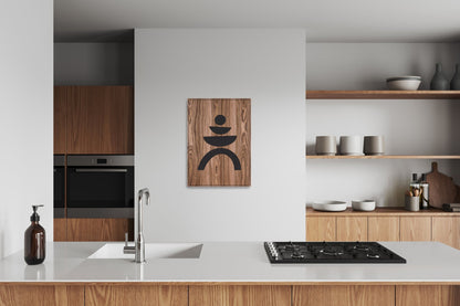 Walnut Totems Balance panel installed in modern kitchen, full wall view
