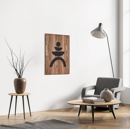 Walnut Totems Balance panel above armchair and floor lamp, styled interior view