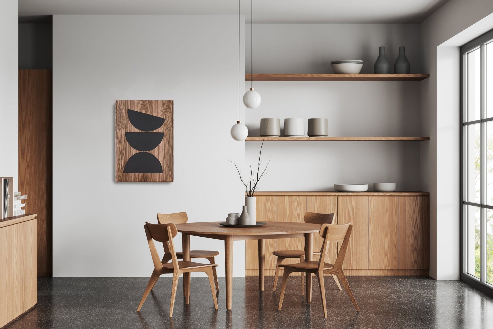Walnut Totems Stack wall panel in dining room, full interior view