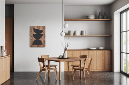 Walnut Totems Stack wall panel in dining room, full interior view