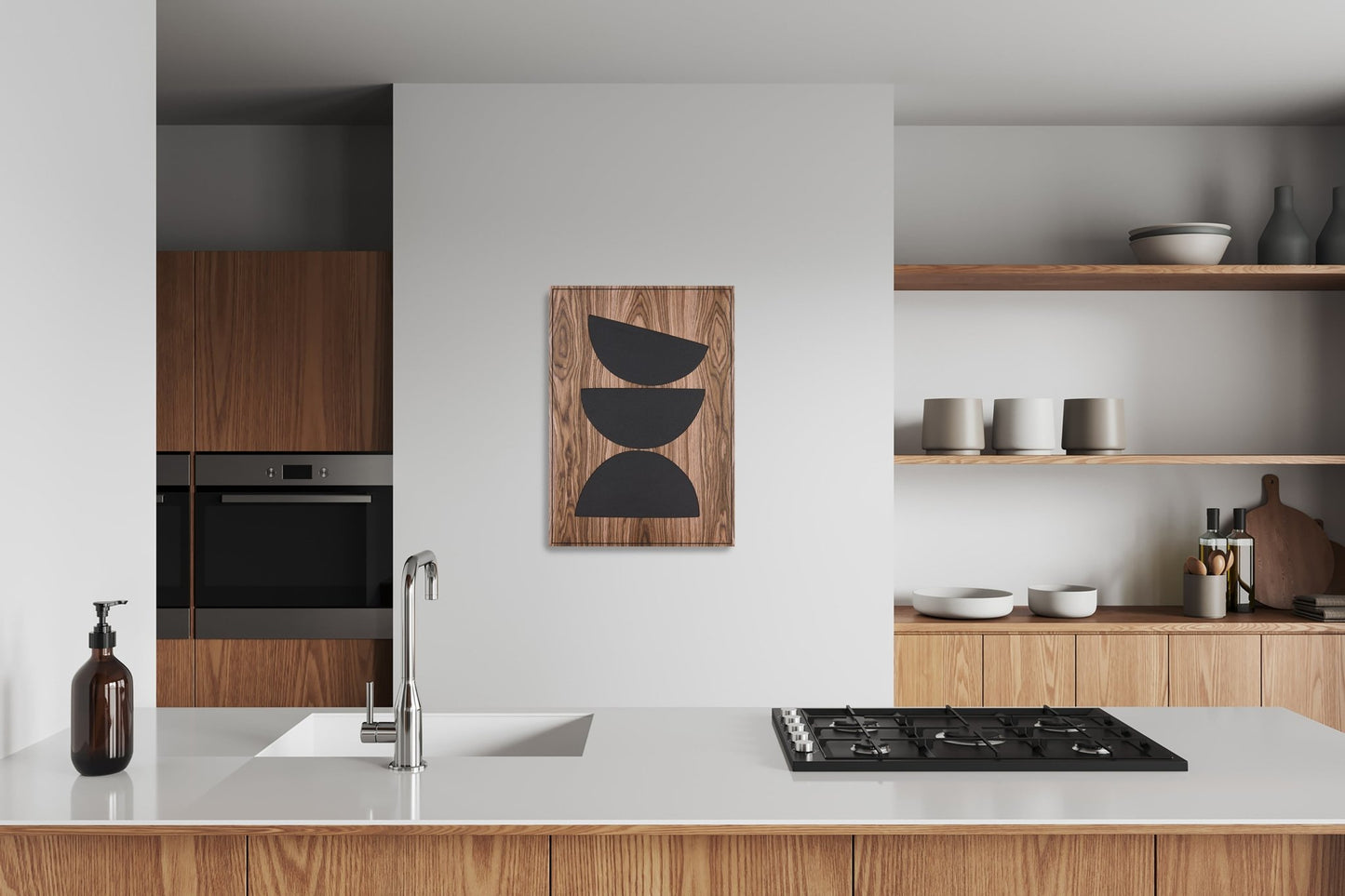 Walnut Totems Stack panel on kitchen wall, full interior view