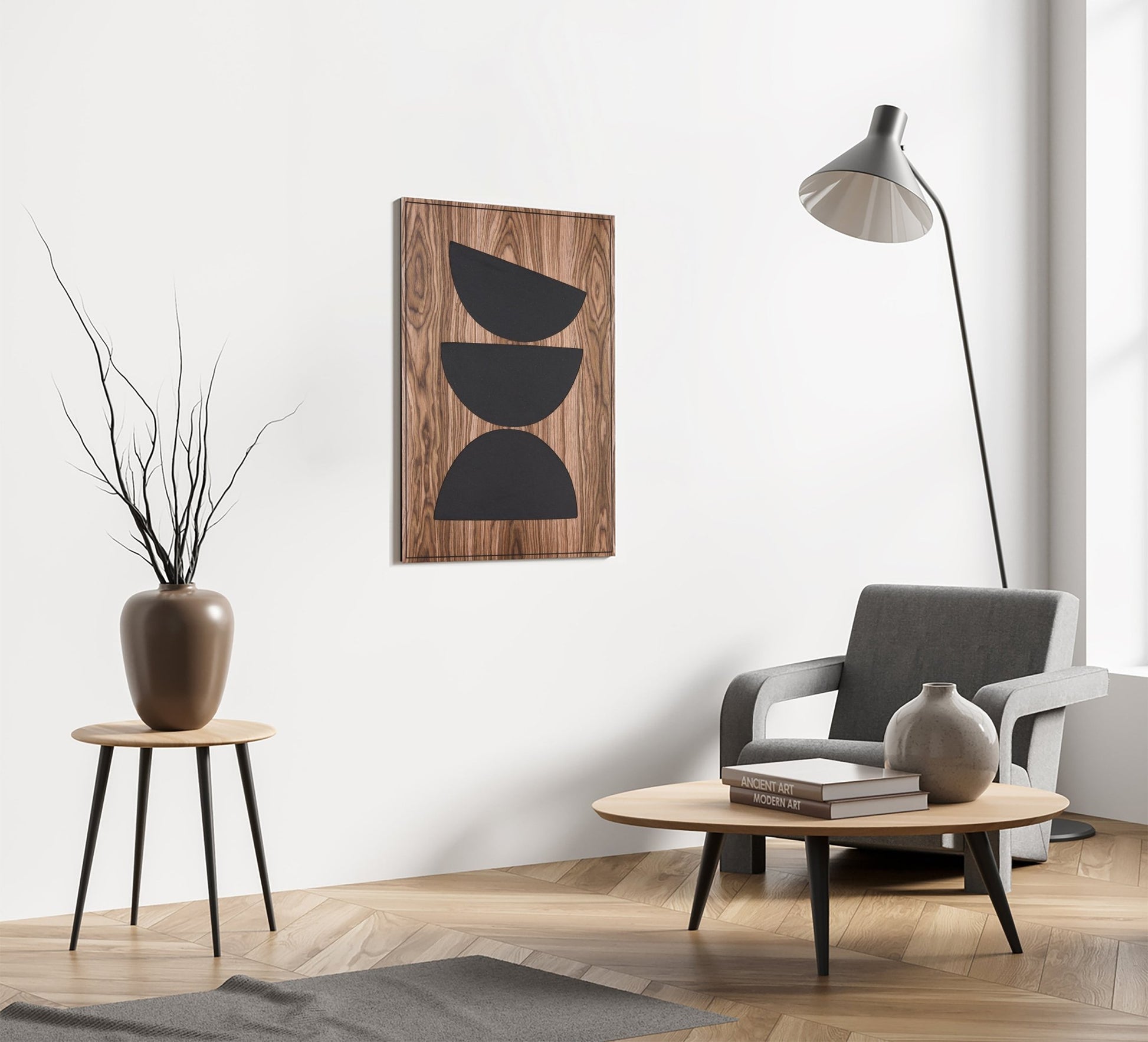 Walnut Totems Stack panel in living room near armchair and floor lamp, full view