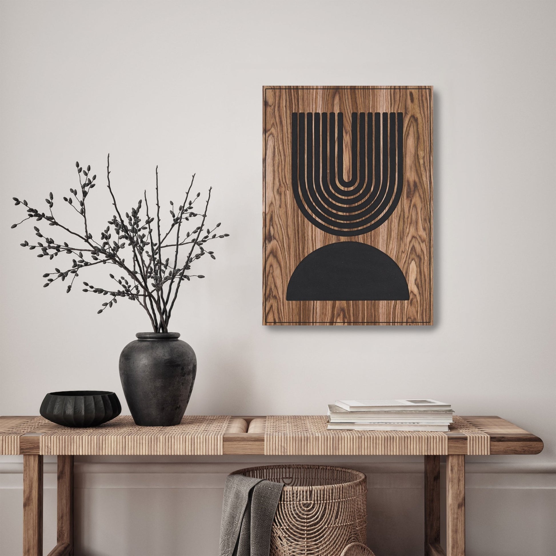 Walnut Totems Uplift wall panel above console table, styled interior view