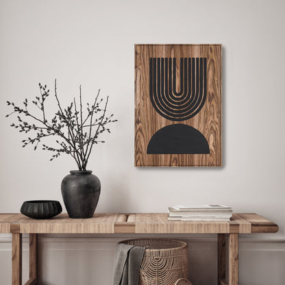 Walnut Totems Uplift wall panel above console table, styled interior view