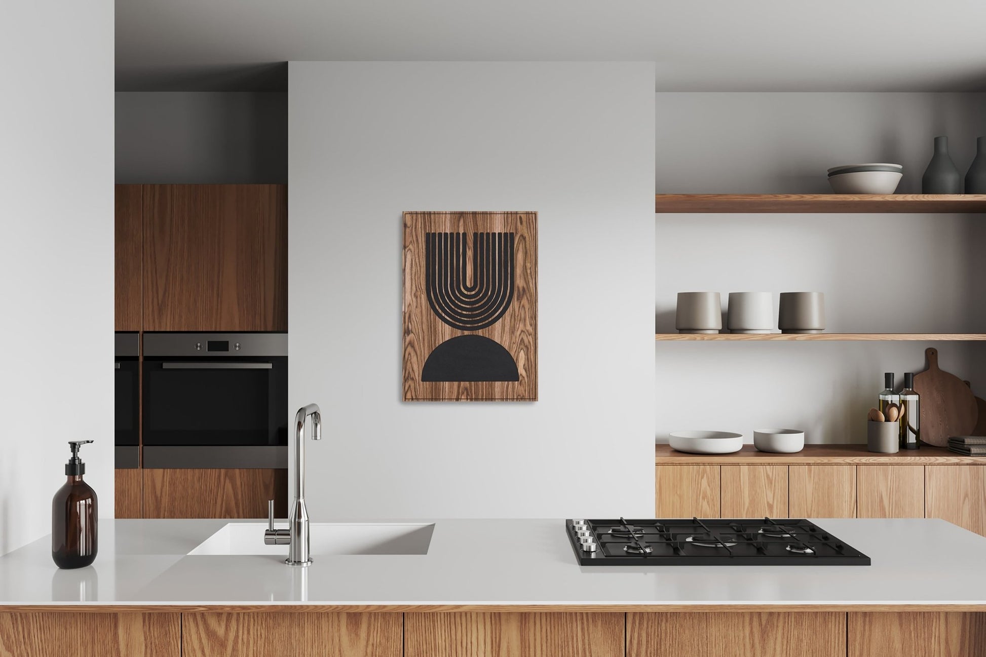 Walnut Totems Uplift panel in modern kitchen setting, full wall view