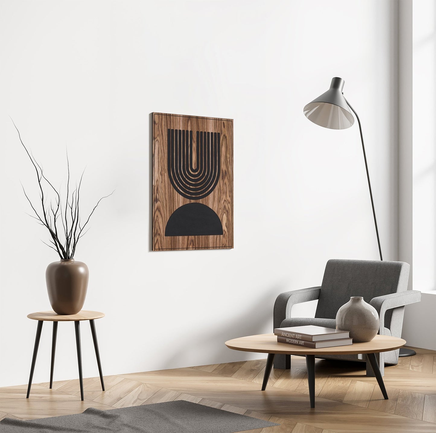 Walnut Totems Uplift panel near armchair and floor lamp, styled interior view