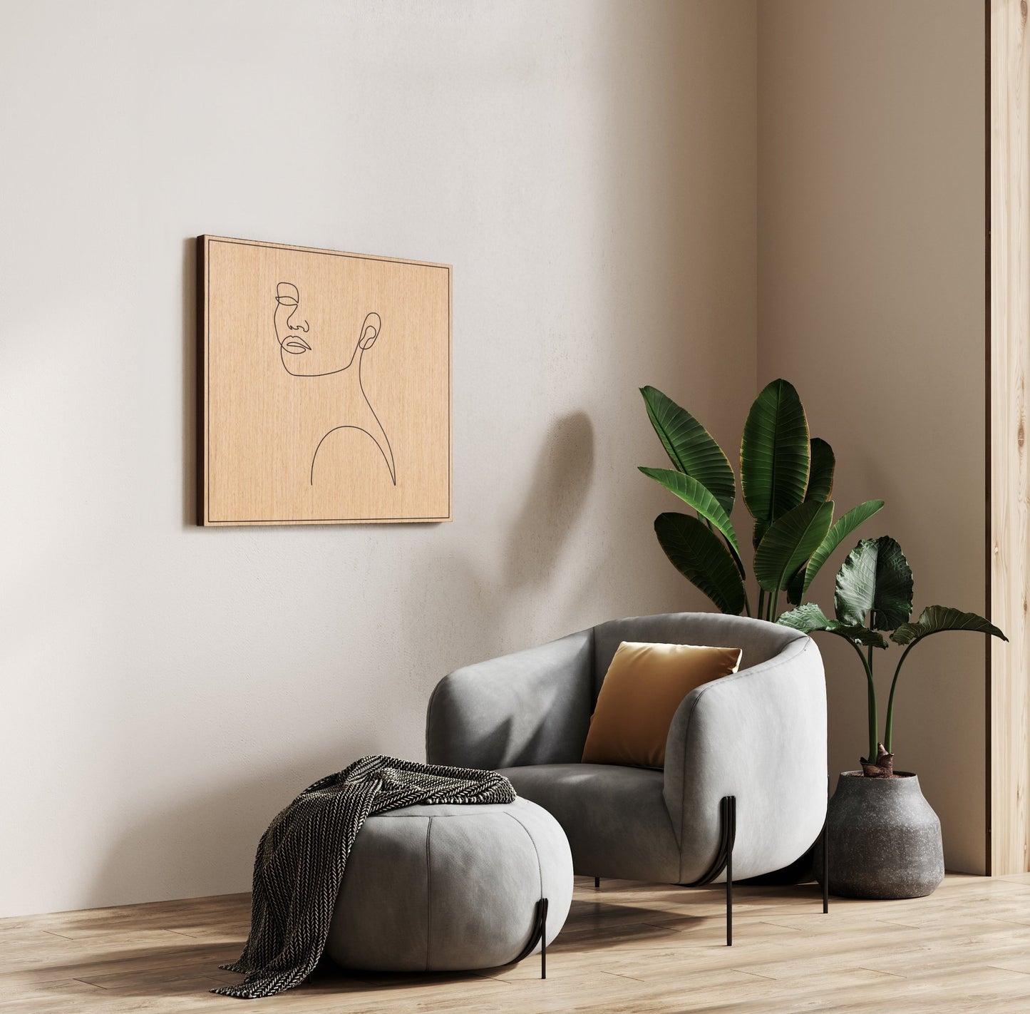 Minimal carved portrait on oak, displayed in a calm modern living corner