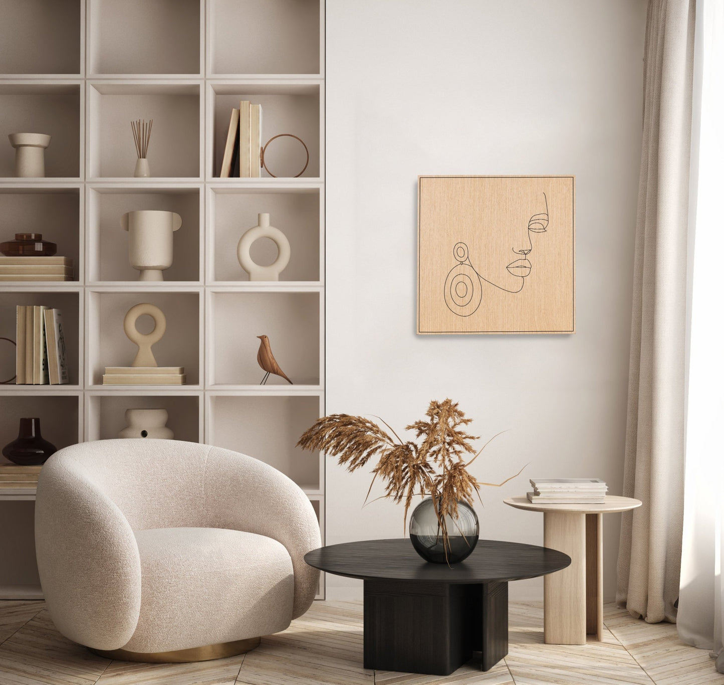 Minimal carved portrait on oak, Woman with Earring wall art styled in a warm living room